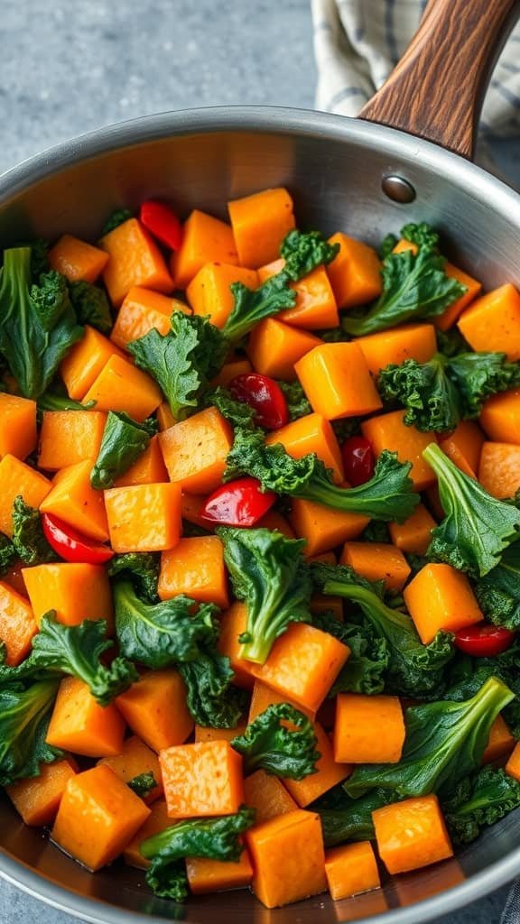 A colorful sweet potato hash with greens and cherry tomatoes in a skillet.