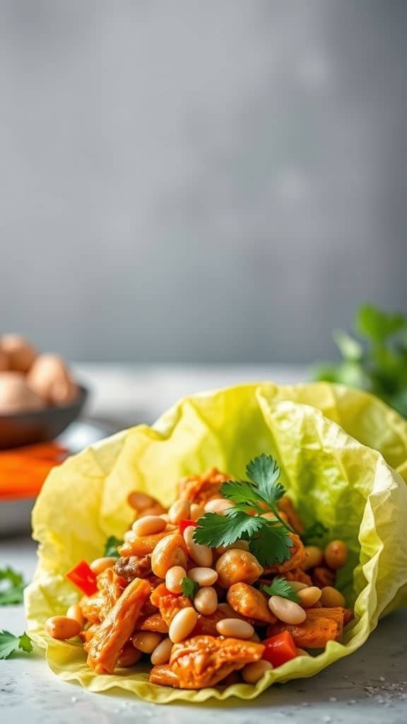 Thai Chicken Lettuce Wraps with chicken, beans, and fresh vegetables