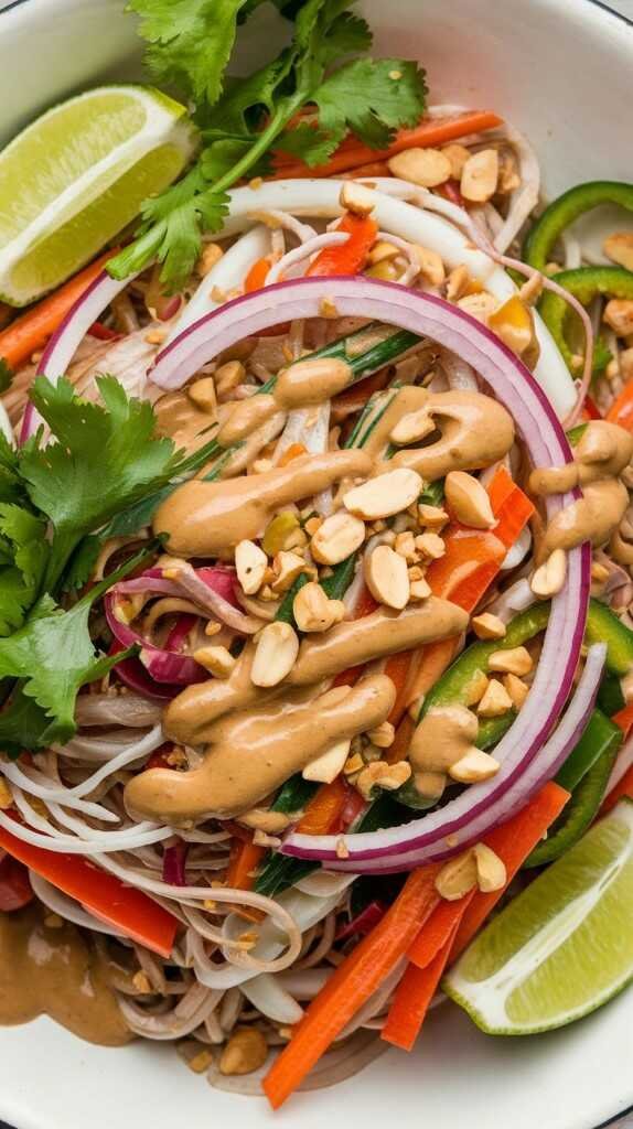 Colorful Thai Peanut Noodle Salad with vegetables and peanuts