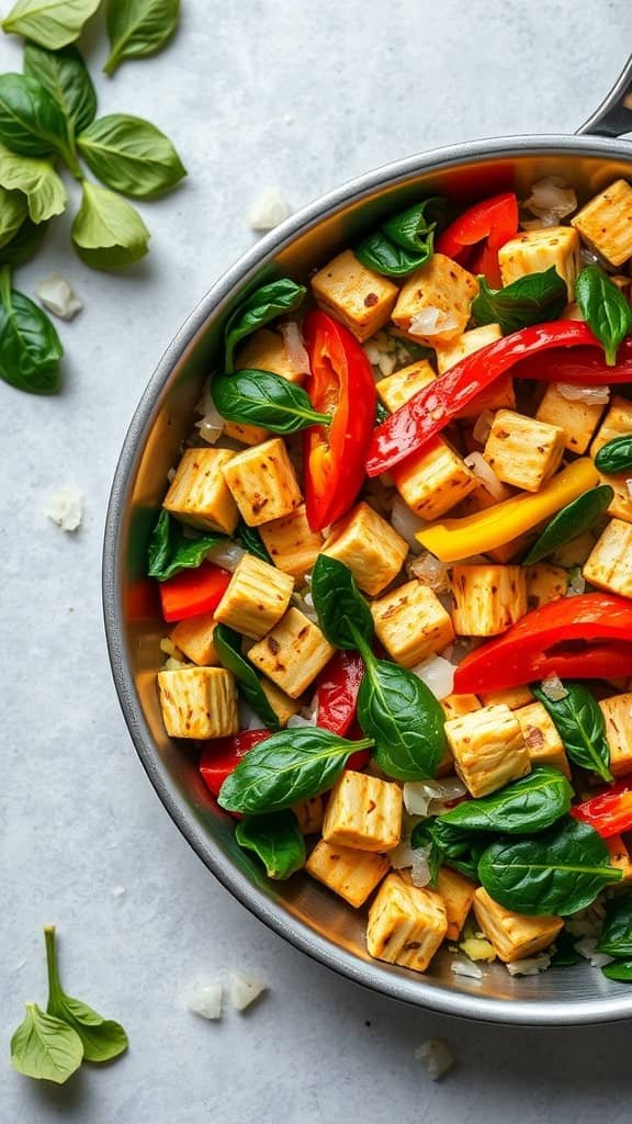 A colorful tofu scramble with vegetables in a skillet