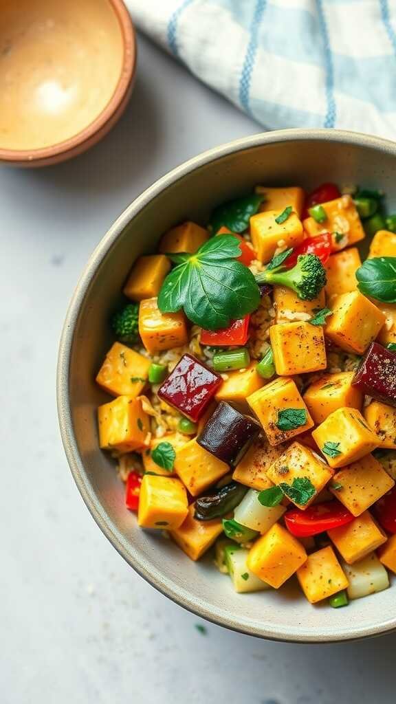 A colorful bowl of tofu scramble with assorted vegetables.