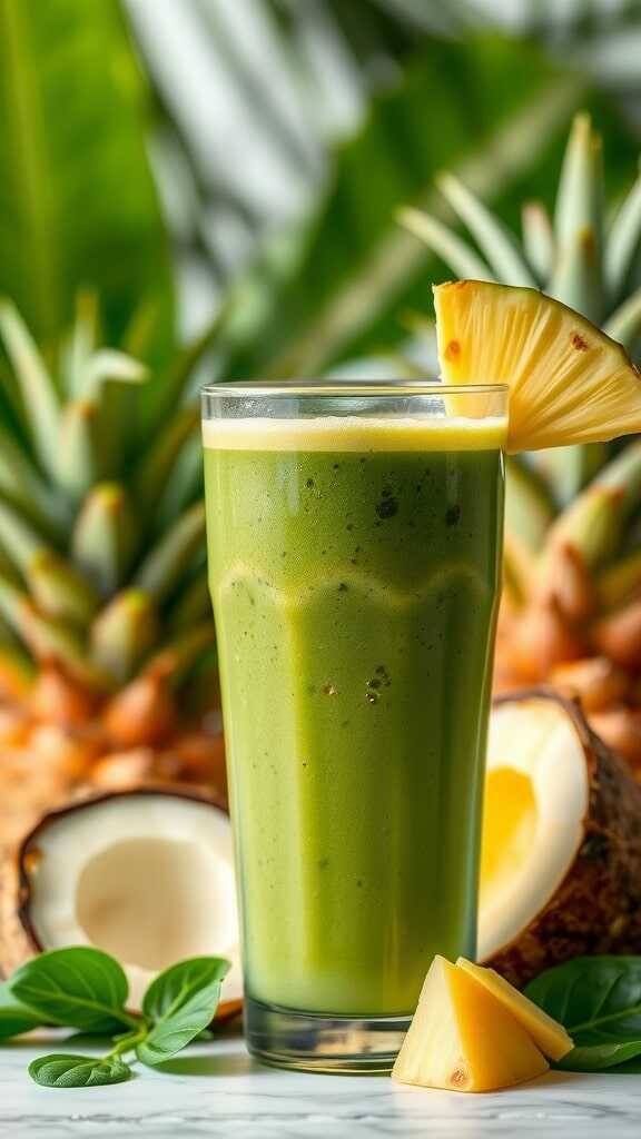 A glass of green smoothie with pineapples and coconuts in the background.