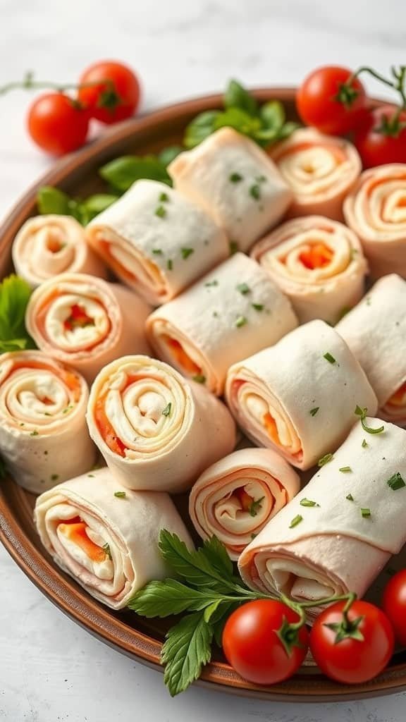 A platter of turkey and cheese roll-ups with cherry tomatoes and parsley