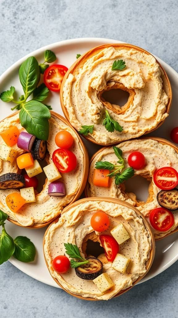 Vegan bagels topped with hummus and a variety of colorful vegetables.