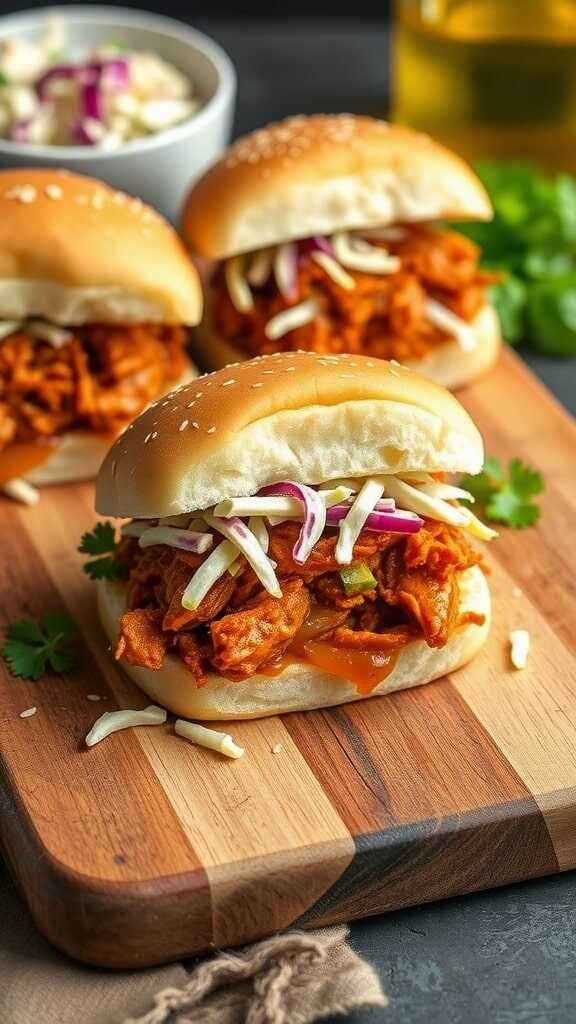 Vegan BBQ Jackfruit Sandwiches on a wooden platter