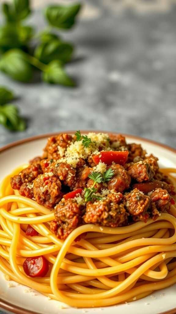 A delicious plate of vegan bolognese with spaghetti, garnished with fresh herbs.