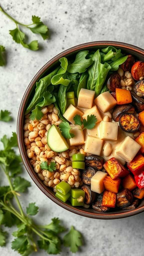 A colorful Vegan Buddha Bowl filled with grains, veggies, and tofu.