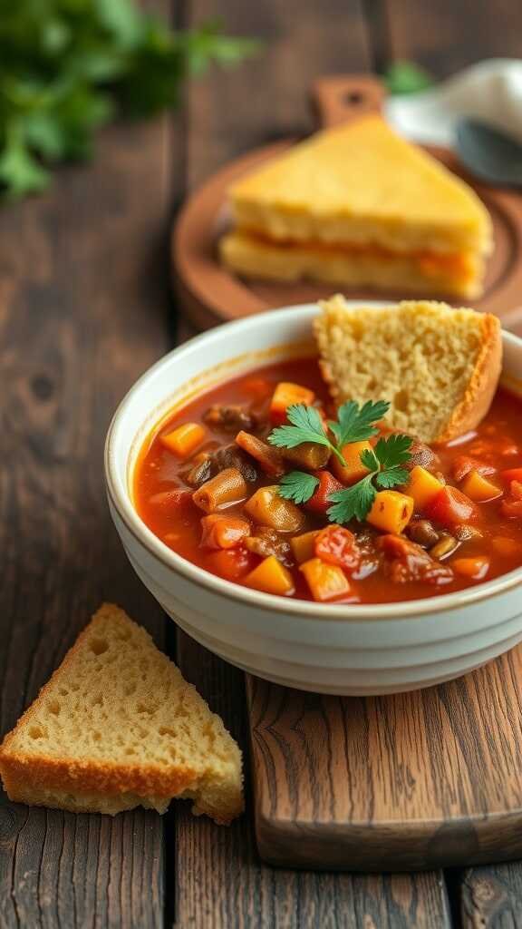 A bowl of hearty vegan chili topped with cilantro, served with cornbread on the side.