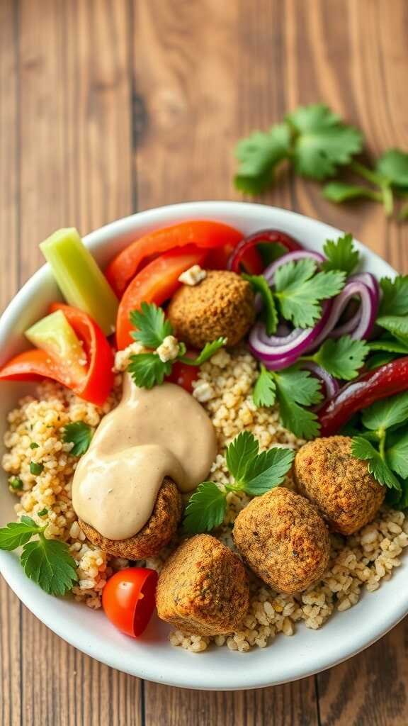 A delicious vegan falafel bowl topped with tahini sauce, fresh vegetables, and grains.