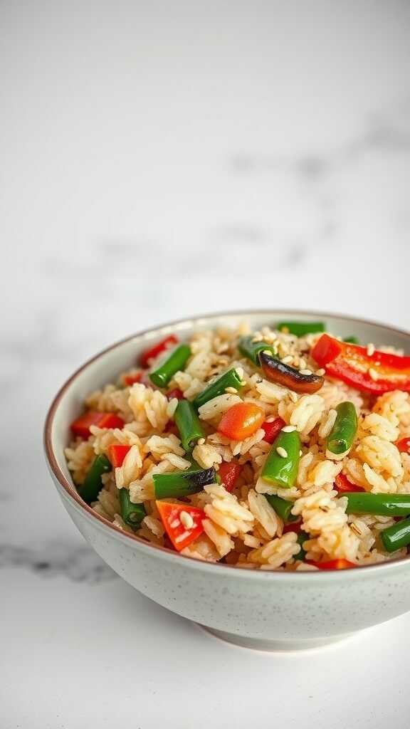 A bowl of colorful vegan fried rice with green beans and red bell peppers.