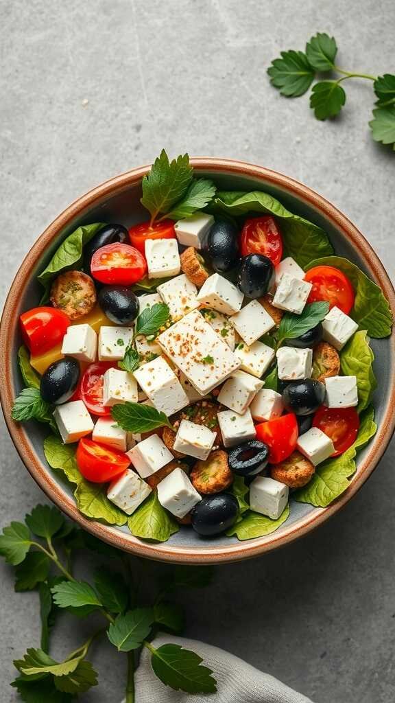 A colorful vegan Greek salad with mixed greens, cherry tomatoes, cucumber, olives, and crumbled tofu feta.