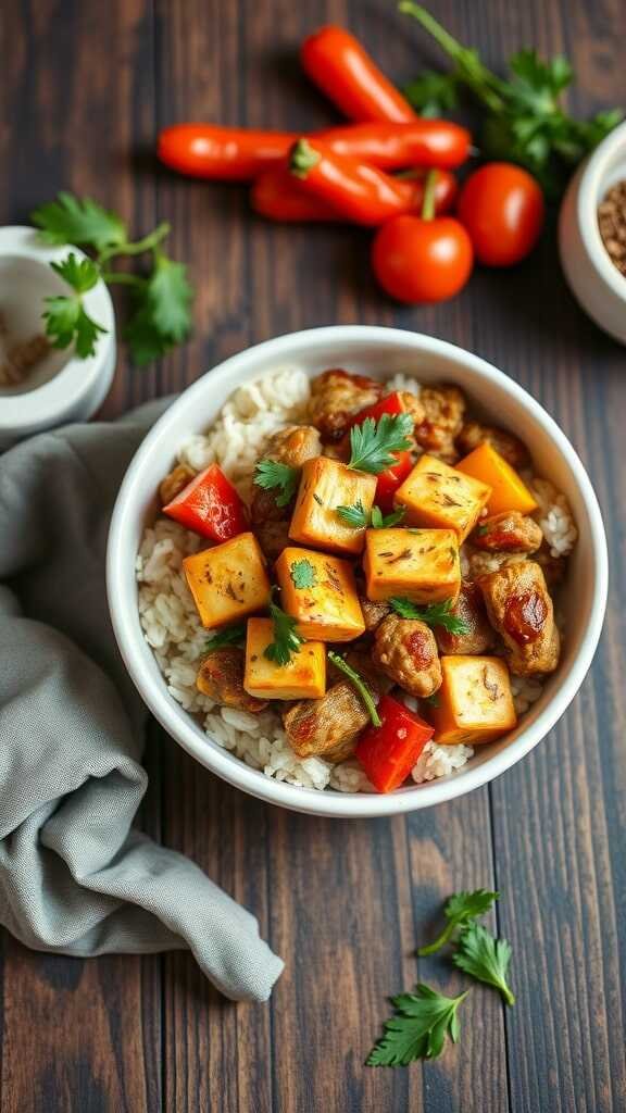 A delicious serving of vegan jambalaya with tofu, rice, and colorful vegetables.