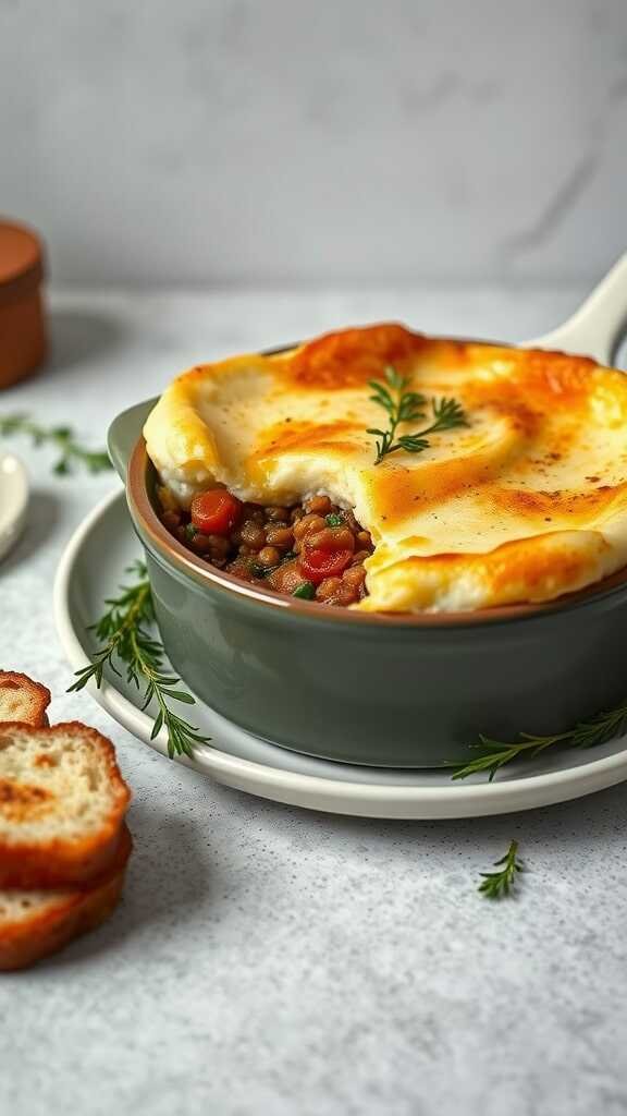 A delicious serving of vegan lentil shepherd's pie with mashed potatoes and vegetables.