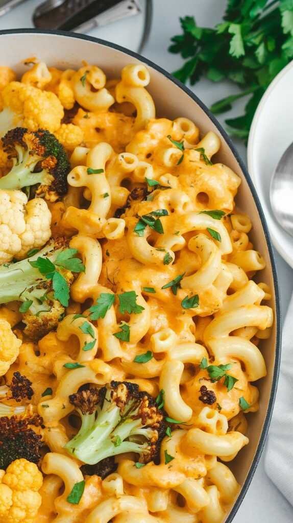 A bowl of creamy vegan mac and cheese with broccoli, cauliflower, parsley on top