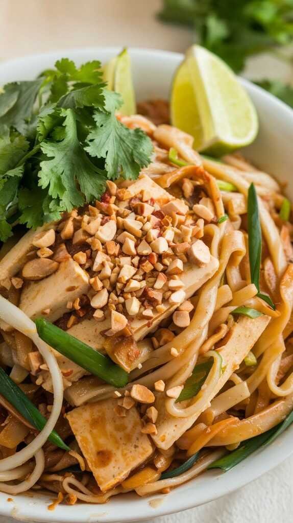 A plate of vegan pad thai with tofu, lime, and cilantro