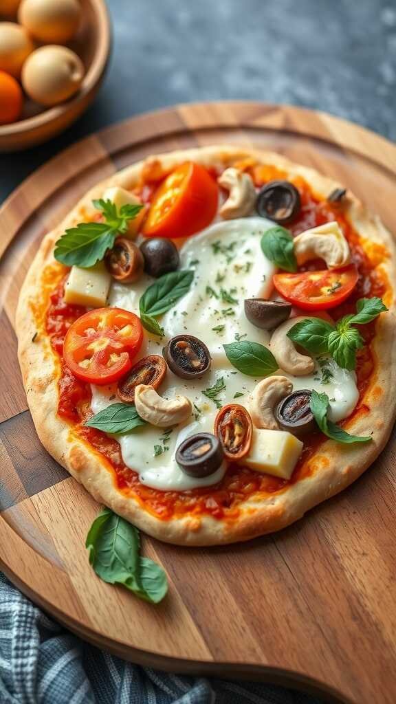 A delicious vegan pizza topped with cashew cheese, cherry tomatoes, olives, and fresh basil.