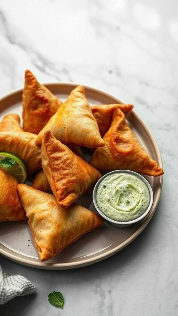 A plate of freshly fried vegetable samosas served with a green dipping sauce