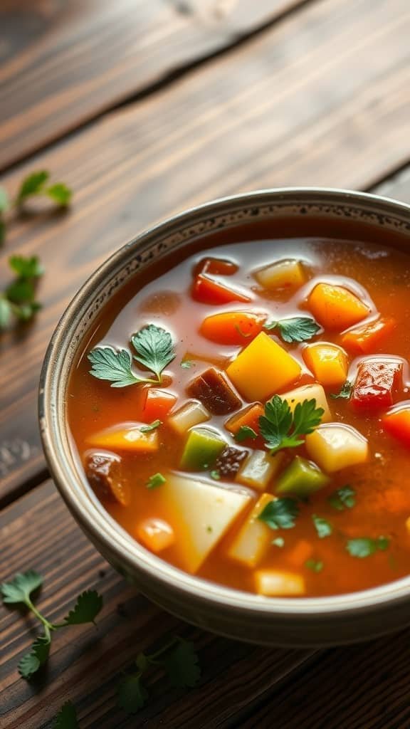 A bowl of colorful vegetable soup topped with fresh herbs.