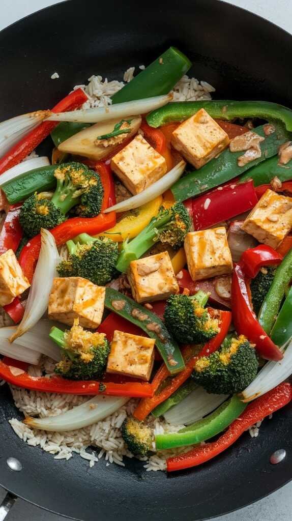 A colorful stir-fry with tofu, rice, and vegetables in a pan.