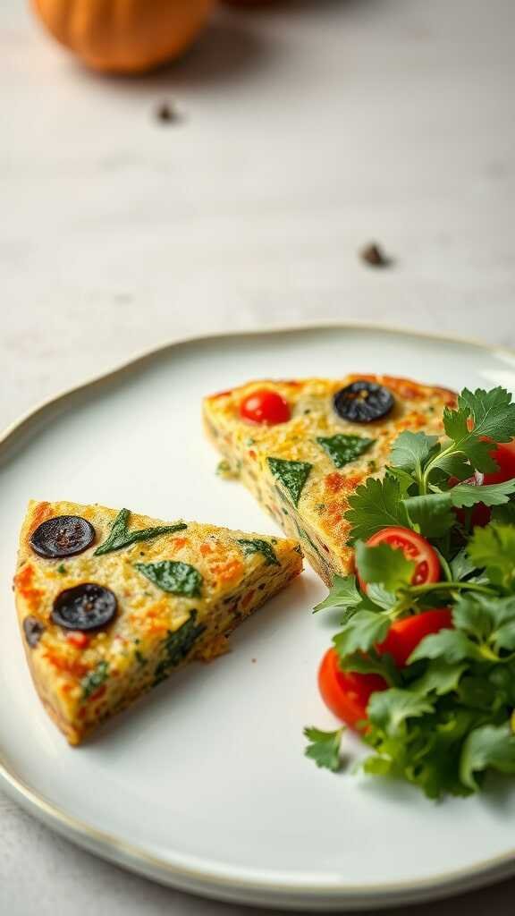 A slice of veggie-packed frittata on a plate with fresh herbs and cherry tomatoes