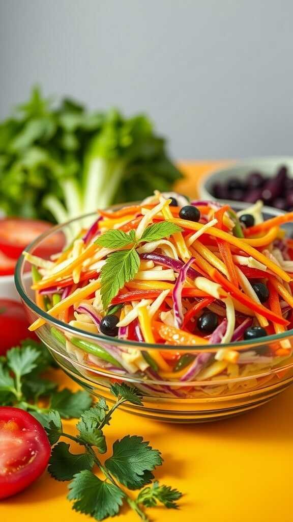 A colorful bowl of rainbow slaw with assorted vegetables and fresh herbs.