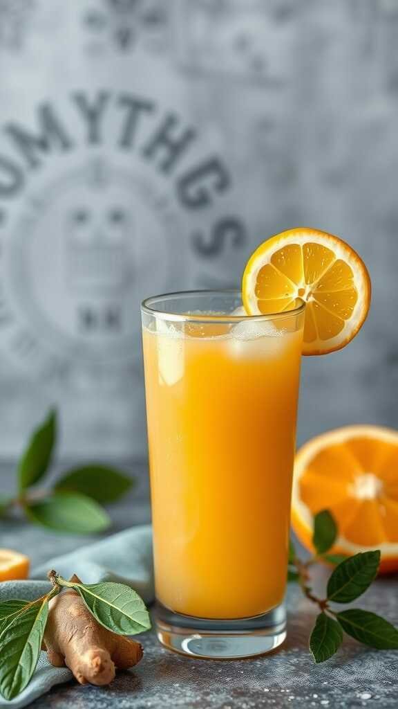 A refreshing glass of zesty citrus smoothie with orange slices and ginger.