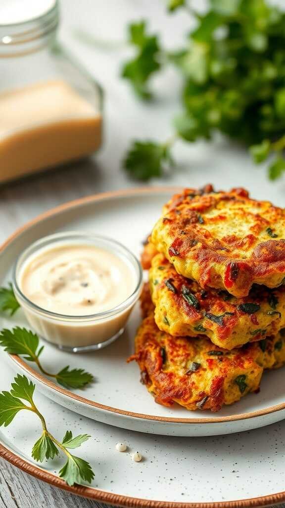 Delicious zucchini and corn fritters served with a creamy dip on a plate.