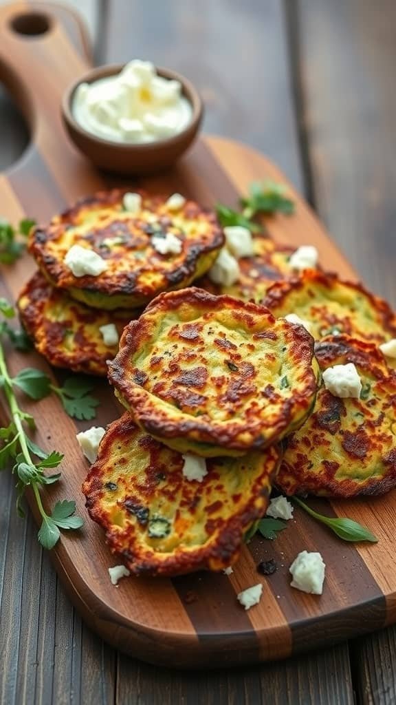 Delicious zucchini and feta fritters served on a wooden platter