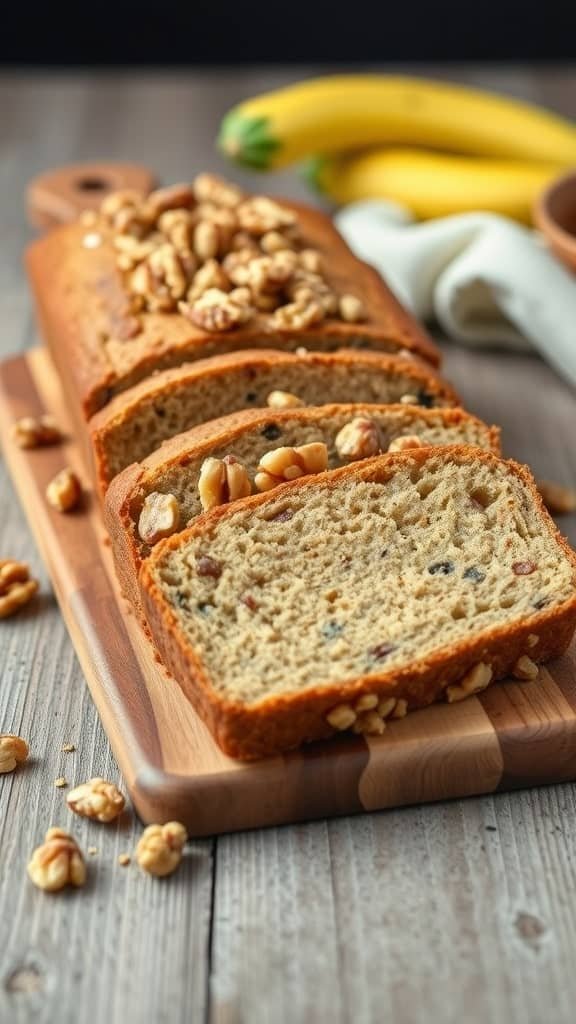 Deliciously sliced zucchini bread topped with walnuts on a wooden board.