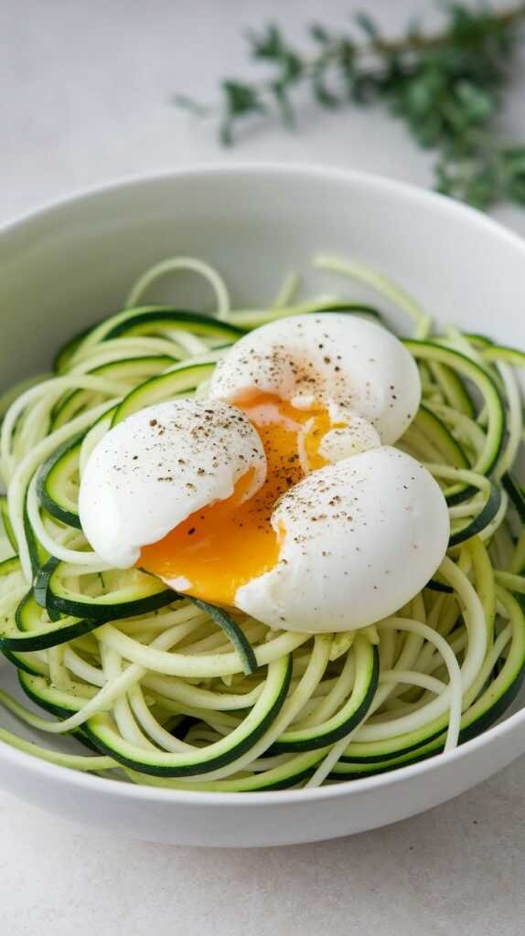 A bowl of zucchini noodles topped with poached runny eggs