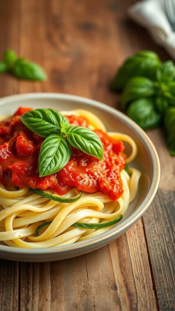 A bowl of zucchini noodles topped with marinara sauce and fresh basil.