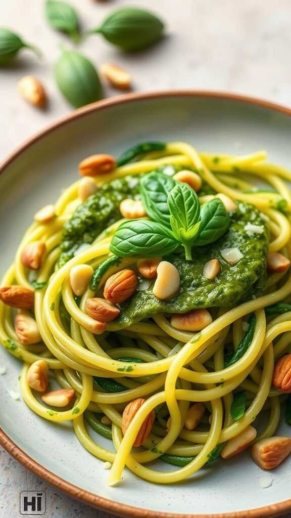 Zucchini noodles topped with pesto sauce and nuts