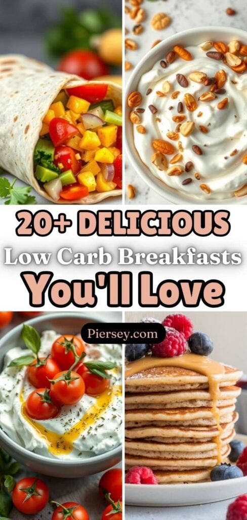 A colorful collage of low-carb breakfasts includes a veggie wrap, yogurt with nuts, yogurt with cherry tomatoes, and berry-topped pancakes. Text reads: "20+ Delicious Low Carb Breakfasts You'll Love."