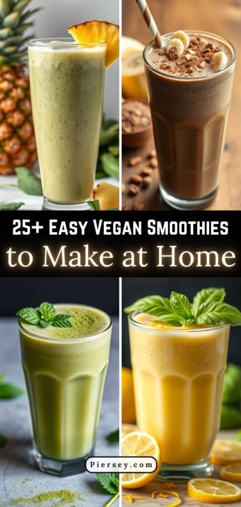 Four vegan smoothies in tall glasses, each topped with fresh fruit and leaves, on a textured backdrop. Text: "25+ Easy Vegan Smoothies to Make at Home."