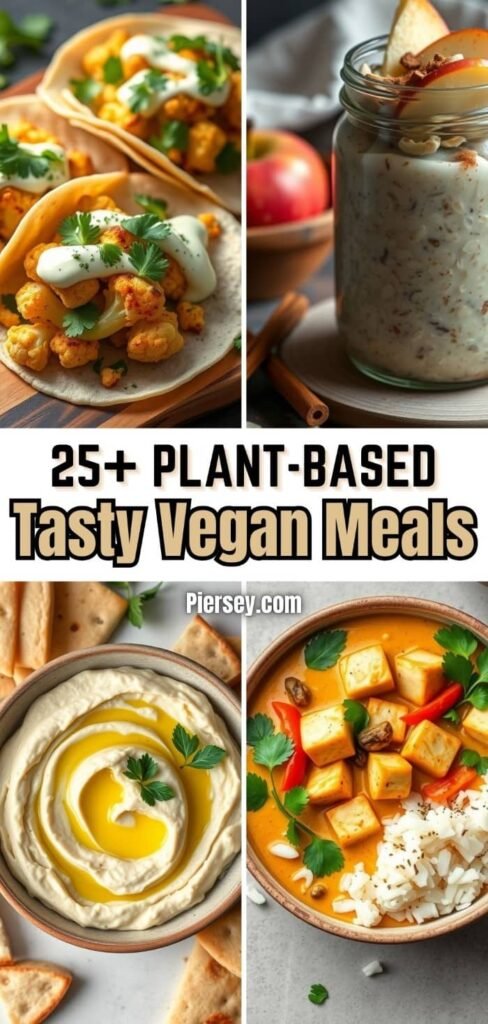 Collage of vegan meals featuring cauliflower tacos, overnight oats with apples, hummus with olive oil, and a tofu curry with rice. Text: “25+ Plant-Based Tasty Vegan Meals.”