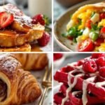 A collage of breakfast foods: French toast with strawberries, a stuffed breakfast burrito, a chocolate-filled croissant, and red velvet waffles with raspberries.