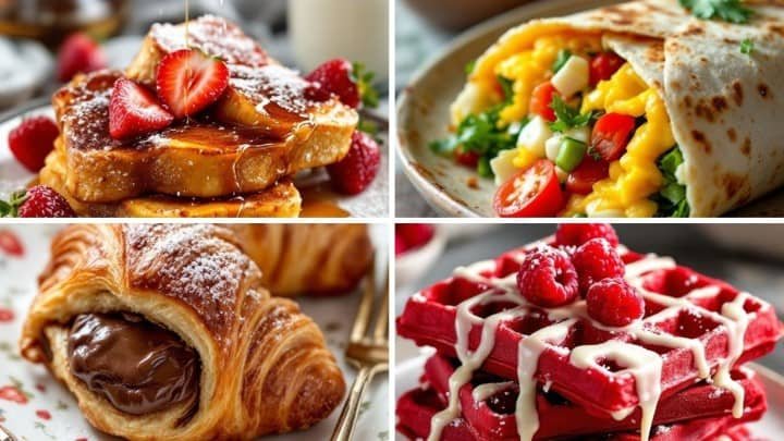 A collage of breakfast foods: French toast with strawberries, a stuffed breakfast burrito, a chocolate-filled croissant, and red velvet waffles with raspberries.