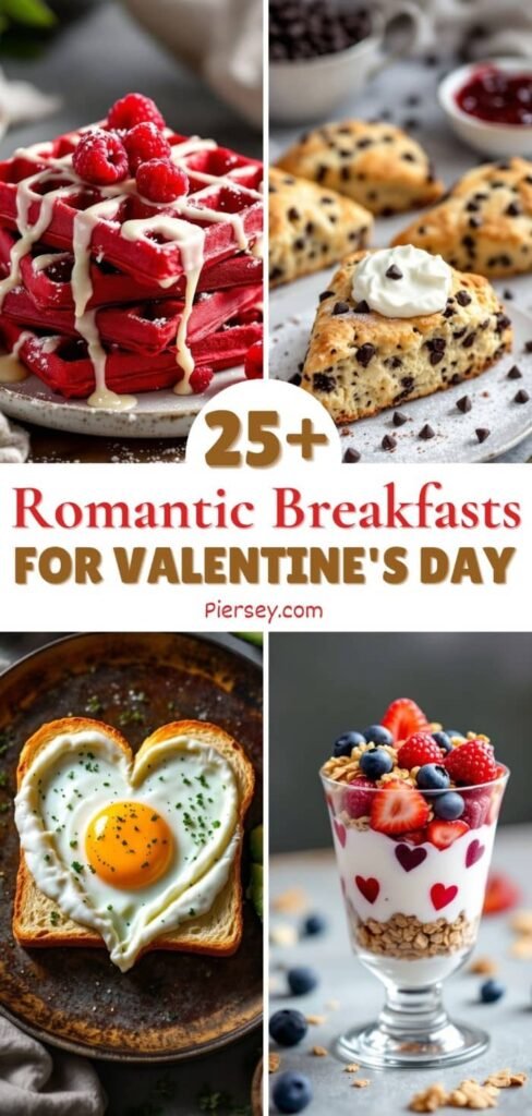 A collage of romantic Valentine's Day breakfasts: red waffles with raspberries, chocolate chip scones, heart-shaped egg toast, and yogurt parfait.