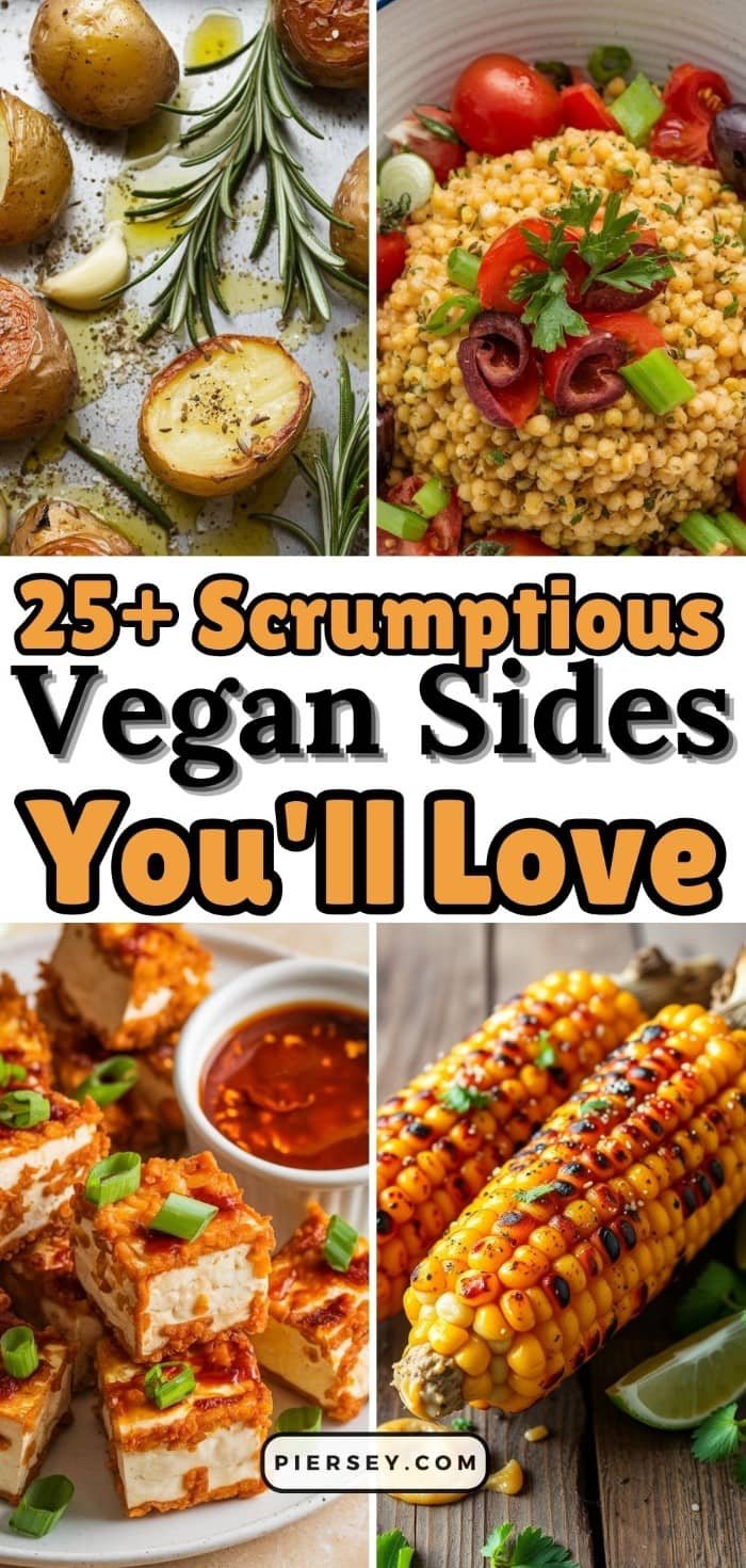 Collage of vegan side dishes includes roasted potatoes with rosemary, a colorful couscous salad, crispy tofu with dipping sauce, and grilled corn on the cob. Text overlay reads: "25+ Scrumptious Vegan Sides You'll Love."