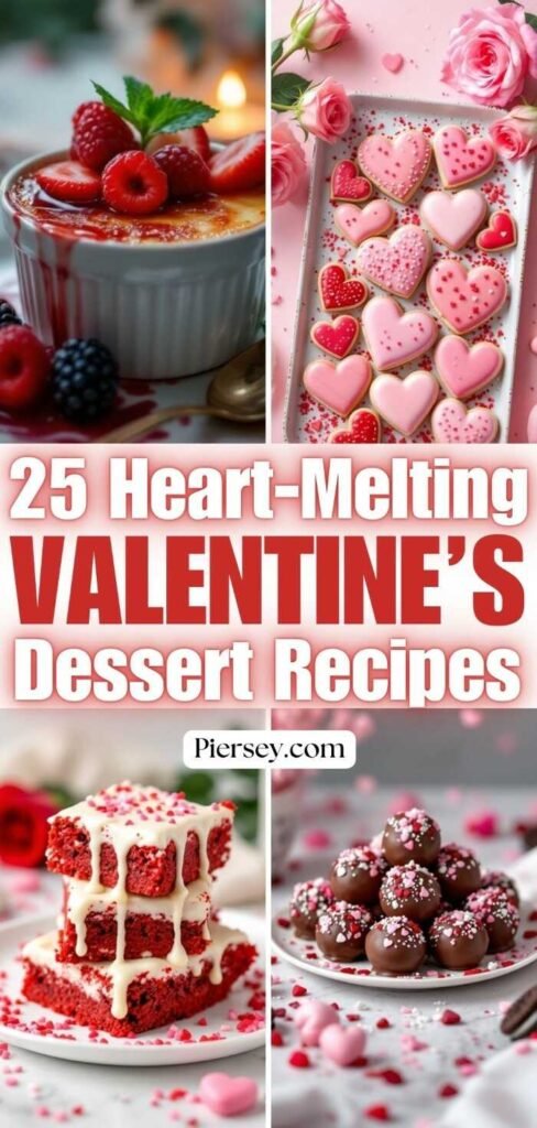 A romantic dessert collage featuring crème brûlée, heart-shaped cookies, red velvet cake, and chocolate truffles, surrounded by roses. Text overlay reads "25 Heart-Melting Valentine's Dessert Recipes." The tone is sweet and festive.