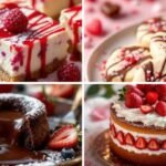 A collage of four desserts: raspberry cheesecake with drizzle, heart-shaped cookies with chocolate, molten lava cake with berries, and a strawberry-topped cake.