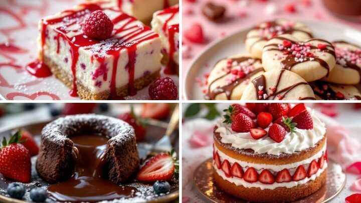 A collage of four desserts: raspberry cheesecake with drizzle, heart-shaped cookies with chocolate, molten lava cake with berries, and a strawberry-topped cake.