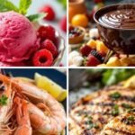 A collage of delectable foods: raspberry sorbet with mint, chocolate fondue with fruits, shrimp with lemon, and grilled chicken with herbs.