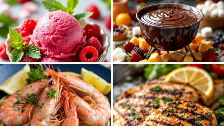 A collage of delectable foods: raspberry sorbet with mint, chocolate fondue with fruits, shrimp with lemon, and grilled chicken with herbs.