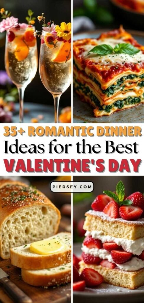 Four-image collage with champagne flutes adorned with flowers, cheesy spinach lasagna, buttered bread, and strawberry cream cake. Text: "35+ Romantic Dinner Ideas for the Best Valentine's Day."