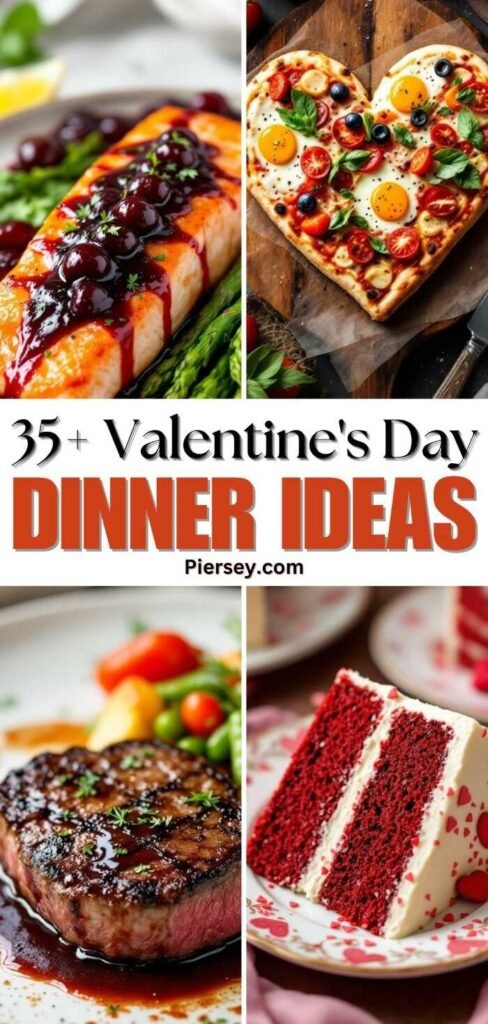 Valentine's Day dinner ideas: cherry-glazed salmon with asparagus, heart-shaped pizza topped with eggs and veggies, grilled steak, and red velvet cake.