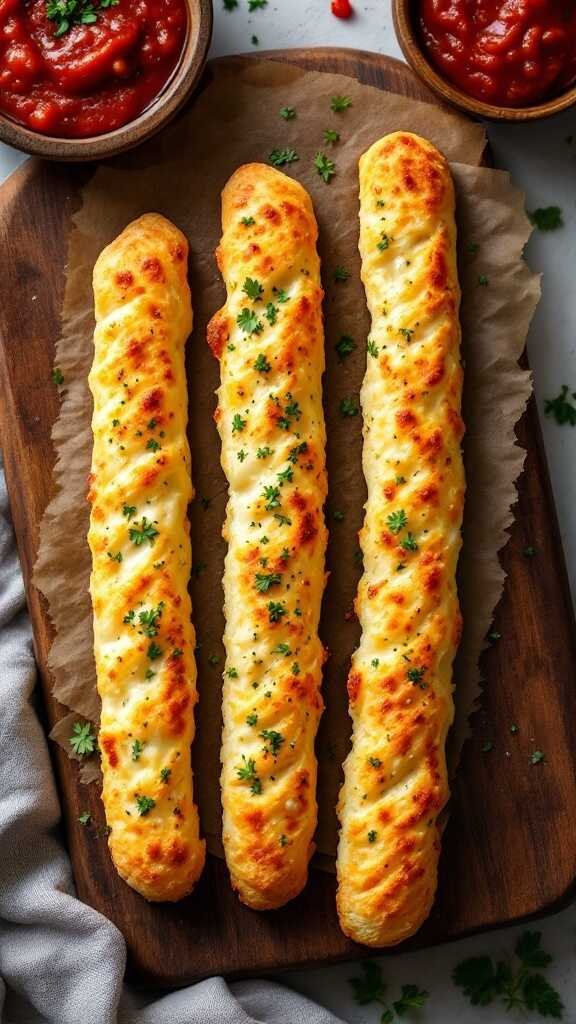 Three cheese breadsticks on a wooden board with dipping sauce