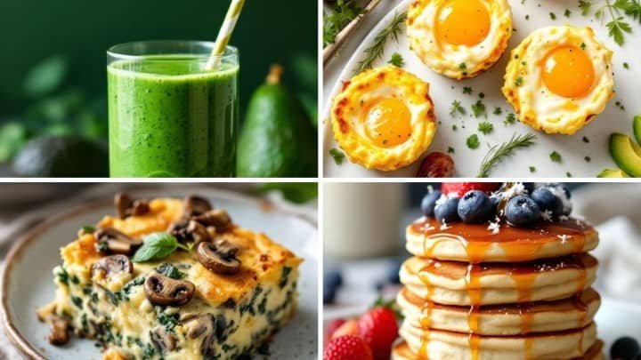 A collage of breakfast foods: a green smoothie with a straw, avocado; egg muffins garnished with herbs; mushroom spinach casserole; and pancakes with berries.