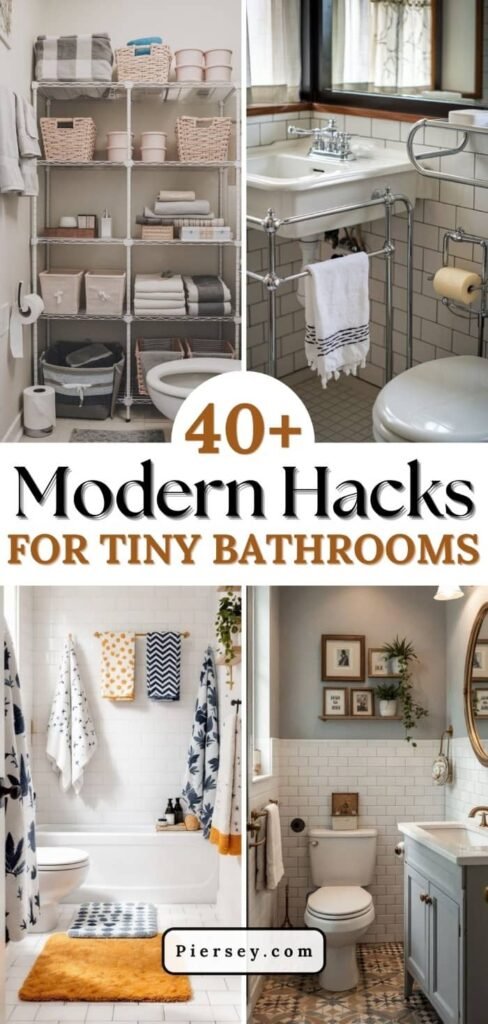 Collage of compact bathroom solutions: organized storage shelves, stylish shower curtains, neatly arranged plants, and minimal decor. Text: "40+ Modern Hacks for Tiny Bathrooms".