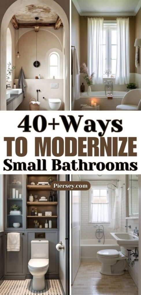 Collage of stylish small bathrooms with rustic, modern, and minimalist designs. Text reads "40+ Ways to Modernize Small Bathrooms." Elegant aesthetic.